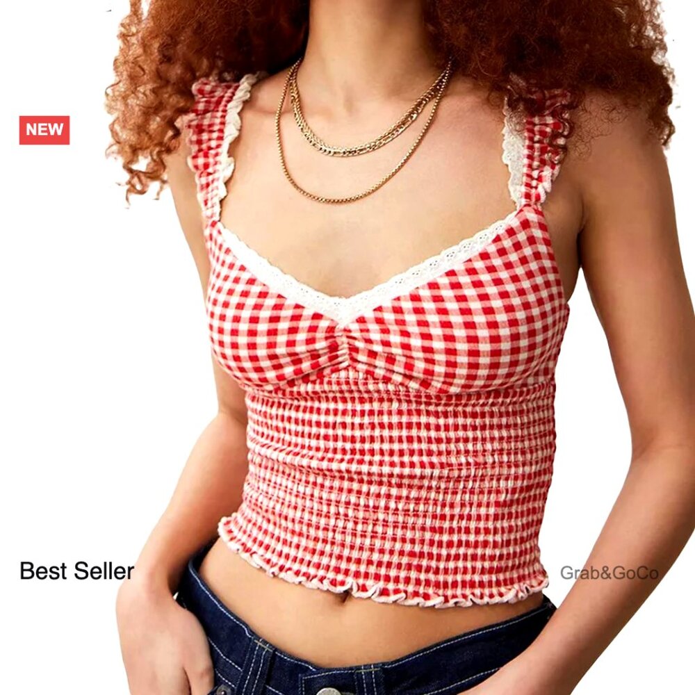Y2k Peplum Cami Sleeveless Bow Tie Spaghetti Strap Plaid Crop Top Summer